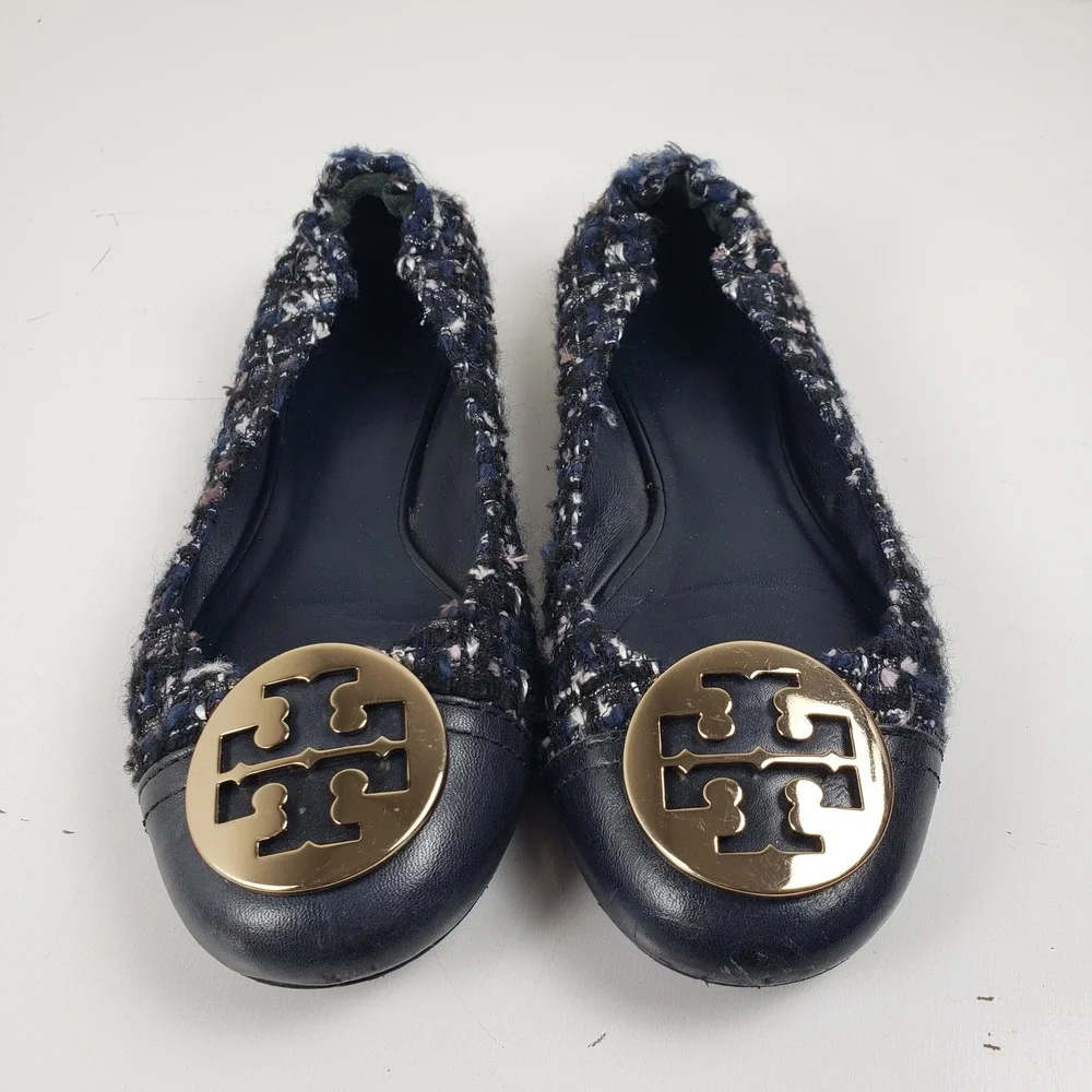 Tory Burch Serena Tweed Ballet Flats Navy Blue Gold Logo‎ Medallion Size 7M